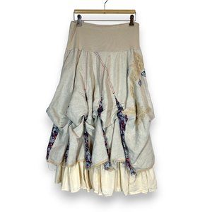 Vintage Free People Linen Rouched Skirt 6 Cream Applique Boho
